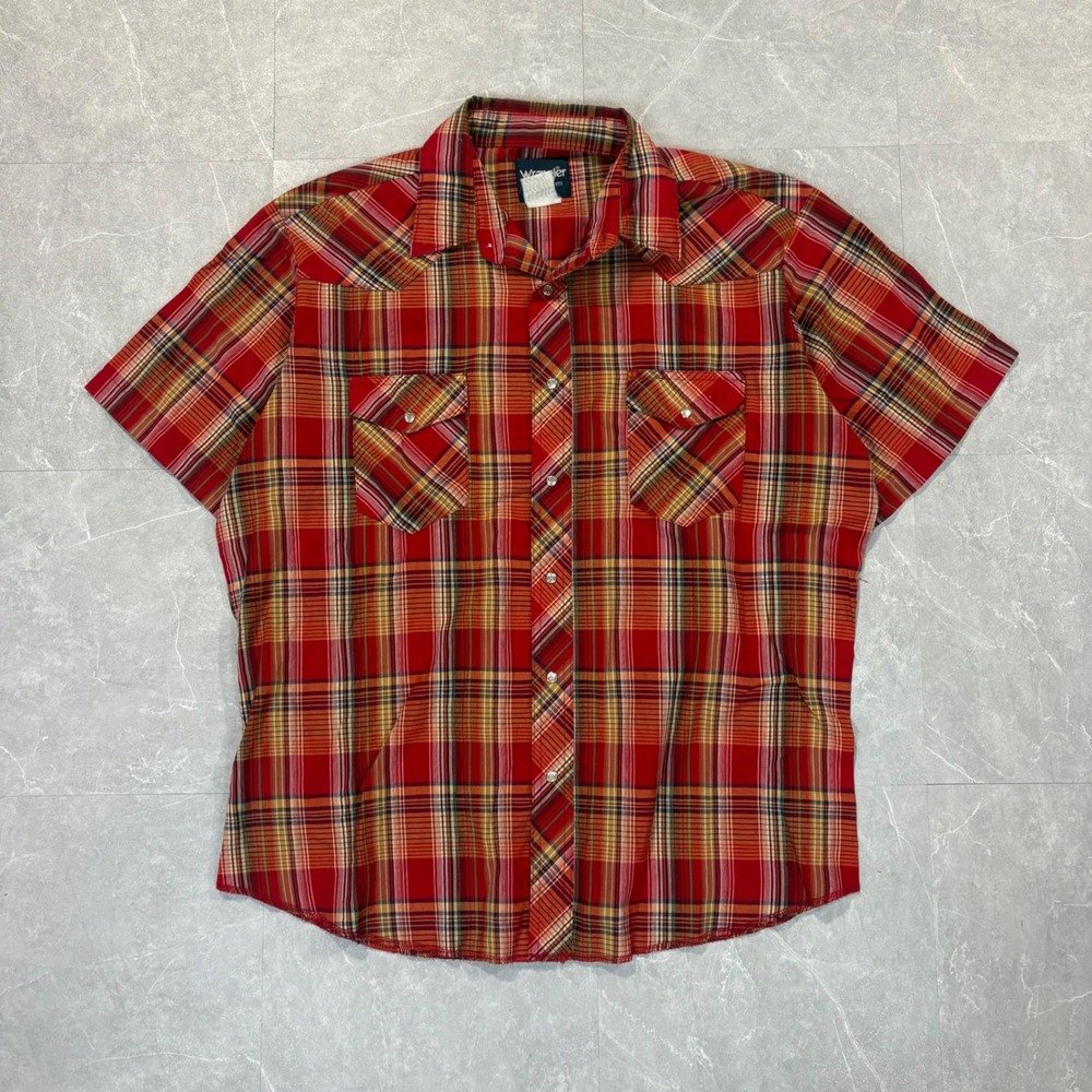 Wrangler Western Shirt Mens XL Red Plaid Pearl Snap Short Sleeve Yoke Pocket